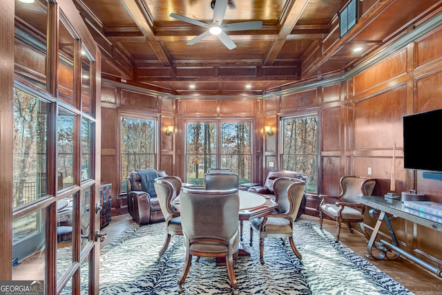 6226 Random Winds Blf, Gainesville, GA 30506 - home office featuring a wooden ceiling with exposed beams, a ceiling fan, a decorative wall, wood finished floors, and ornamental molding