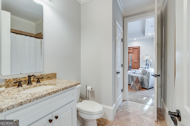 6226 Random Winds Blf, Gainesville, GA 30506 - ensuite bathroom with vanity, crown molding, marble finish floors, and curtained shower