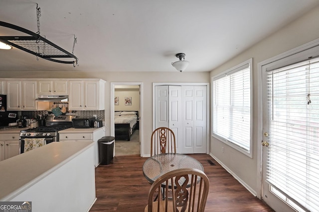 443 Brooks Rd, Dallas, GA 30132 - kitchen featuring stainless steel gas stove, under cabinet range hood, light countertops, decorative backsplash, and dark wood finished floors