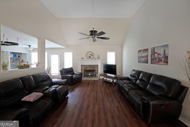 443 Brooks Rd, Dallas, GA 30132 - living room with dark wood-style flooring, a fireplace, ceiling fan, and high vaulted ceiling