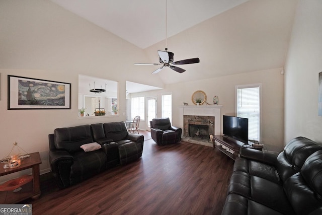 443 Brooks Rd, Dallas, GA 30132 - living room with dark wood-type flooring, healthy amount of natural light, a fireplace, ceiling fan, and high vaulted ceiling