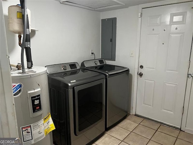 2436 Glenrock Dr, Decatur, GA 30032 - laundry area featuring electric water heater, electric panel, separate washer and dryer, and light tile patterned flooring