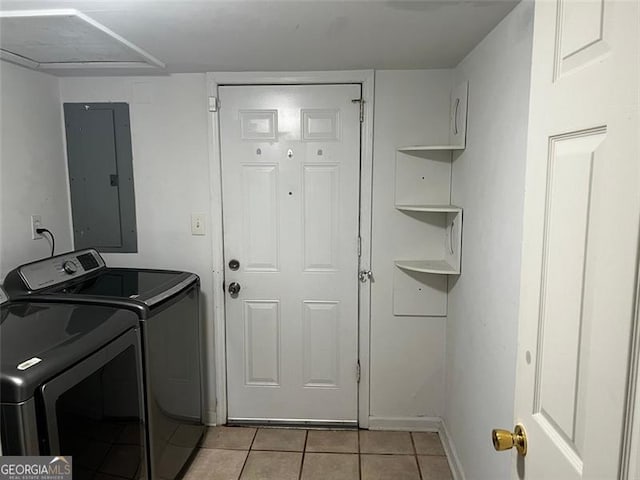 2436 Glenrock Dr, Decatur, GA 30032 - laundry room with light tile patterned floors, electric panel, and washing machine and clothes dryer