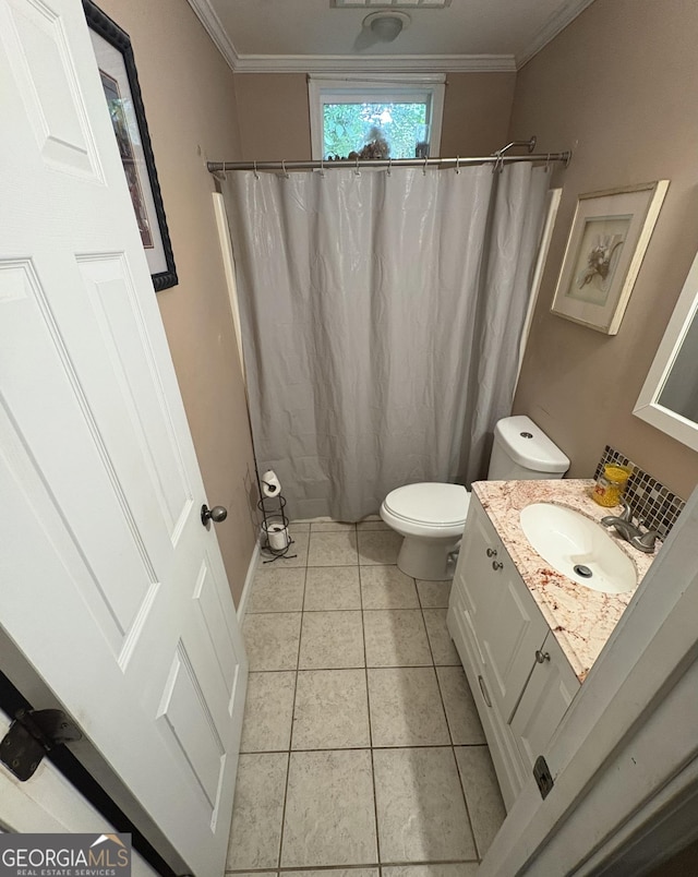 2119 Amherst Trl SE, Conyers, GA 30094 - full bathroom with vanity, crown molding, tile patterned flooring, and a shower with curtain
