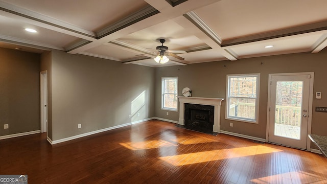 488 Morris Rd, Hiram, GA 30141 - unfurnished living room with hardwood / wood-style floors, a fireplace, beam ceiling, ceiling fan, and coffered ceiling