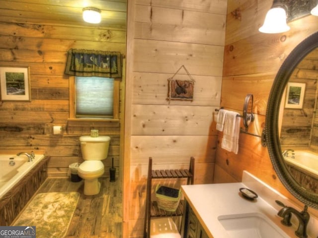 97 Eagles Nest Rd, Sautee Nacoochee, GA 30571 - bathroom featuring wooden walls, wood finished floors, and tiled tub