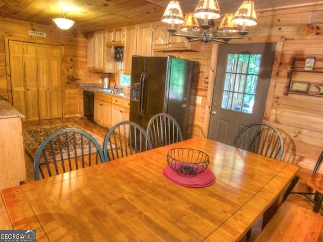 97 Eagles Nest Rd, Sautee Nacoochee, GA 30571 - dining area featuring wooden walls, a chandelier, wooden ceiling, and wood finished floors