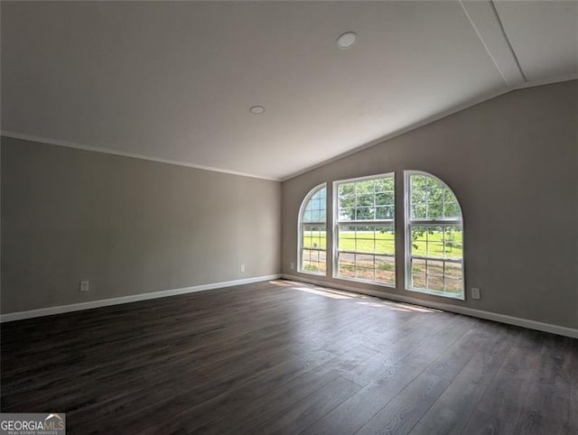 732 Five Points Rd, Buchanan, GA 30113 - empty room featuring vaulted ceiling, dark wood finished floors, and ornamental molding