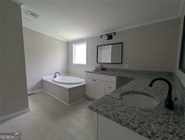 732 Five Points Rd, Buchanan, GA 30113 - bathroom with ornamental molding, two vanities, a bath, and tile patterned floors
