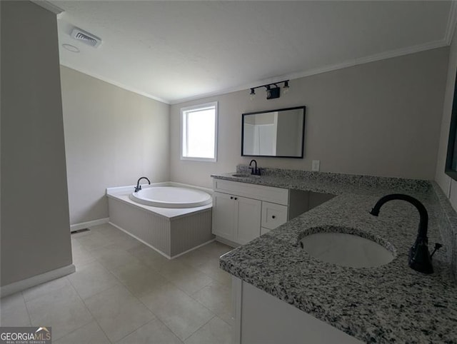 732 Five Points Rd, Buchanan, GA 30113 - full bath with two vanities, ornamental molding, a garden tub, and tile patterned flooring