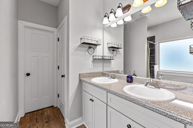 481 Hunter Welch Pkwy, Luthersville, GA 30251 - bathroom featuring double vanity, wood finished floors, and a shower