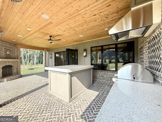 1005 Haddie Way, Alpharetta, GA 30004 - view of patio with an outdoor brick fireplace, area for grilling, and a ceiling fan