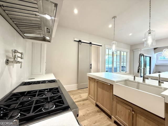 1005 Haddie Way, Alpharetta, GA 30004 - kitchen featuring light wood-style flooring, recessed lighting, light countertops, decorative light fixtures, and a barn door