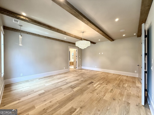 1005 Haddie Way, Alpharetta, GA 30004 - unfurnished room featuring a chandelier, beam ceiling, light wood-style flooring, and recessed lighting