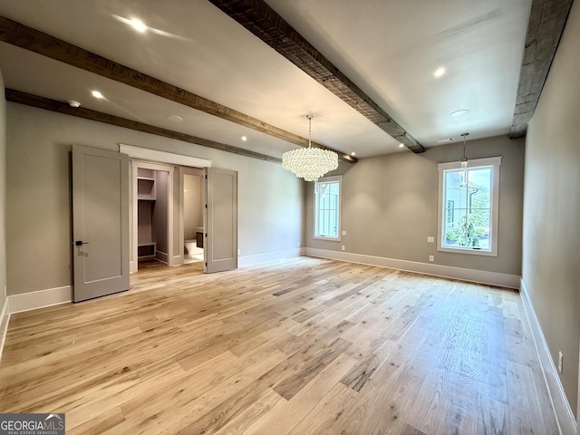 1005 Haddie Way, Alpharetta, GA 30004 - spare room with light wood-type flooring, beamed ceiling, a chandelier, and recessed lighting
