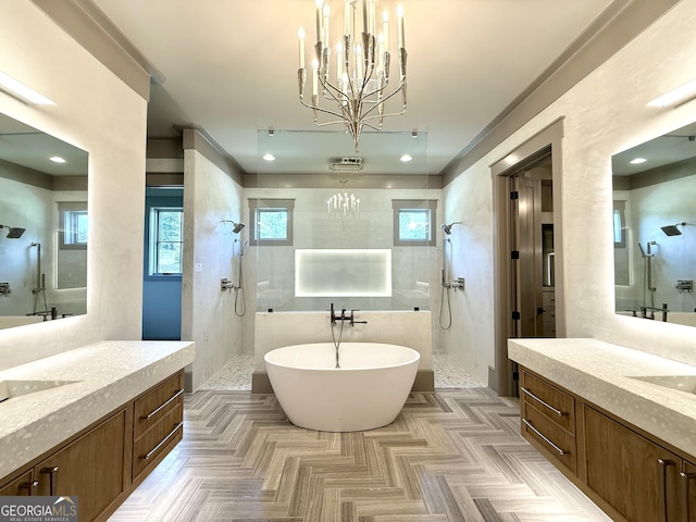 1005 Haddie Way, Alpharetta, GA 30004 - full bath with a chandelier, a walk in shower, two vanities, and recessed lighting