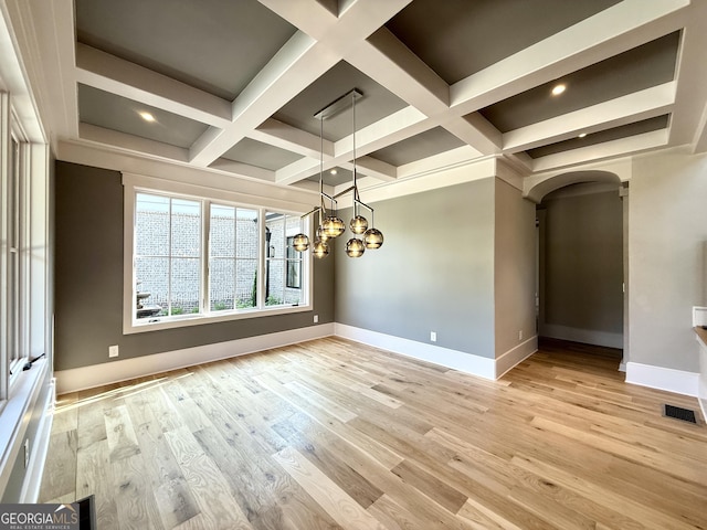 1005 Haddie Way, Alpharetta, GA 30004 - spare room with arched walkways, coffered ceiling, light wood-style floors, beam ceiling, and recessed lighting