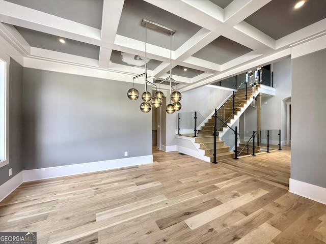 1005 Haddie Way, Alpharetta, GA 30004 - unfurnished dining area featuring coffered ceiling, stairway, wood finished floors, beam ceiling, and recessed lighting