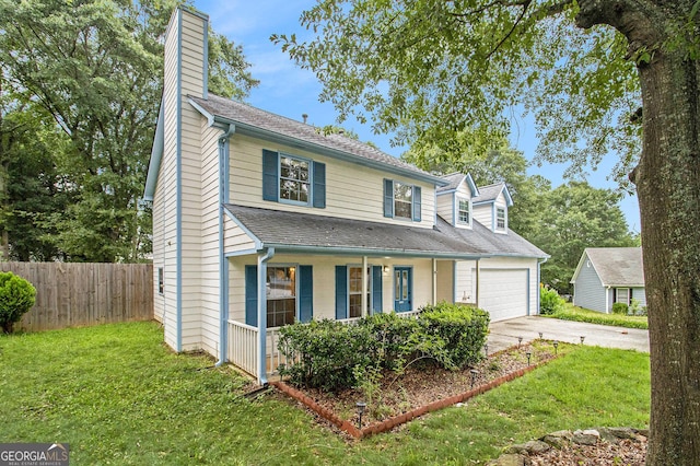 4214 Fiddlers Bnd, Loganville, GA 30052 - traditional-style house featuring a porch, driveway, a chimney, a garage, and a shingled roof