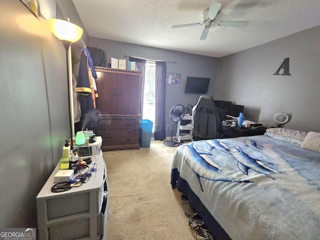 165 Cedar Ridge Rd, Locust Grove, GA 30248 - bedroom with light carpet, a textured ceiling, and a ceiling fan