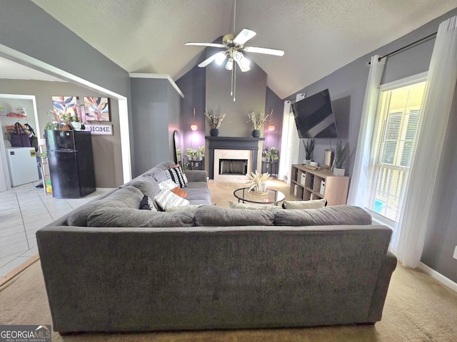 165 Cedar Ridge Rd, Locust Grove, GA 30248 - living area with a ceiling fan, vaulted ceiling, a fireplace, carpet, and a textured ceiling