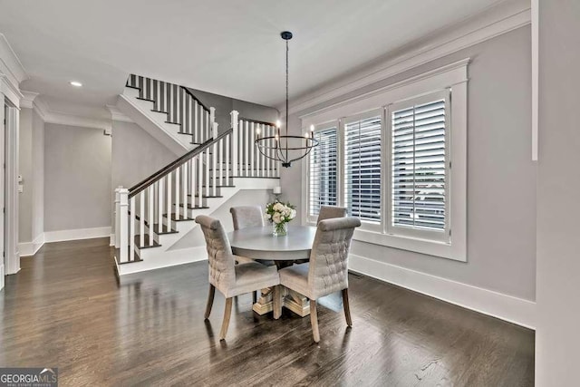 481 Meadow Lake Ter, Hoschton, GA 30548 - dining space with a chandelier, ornamental molding, wood finished floors, stairs, and recessed lighting