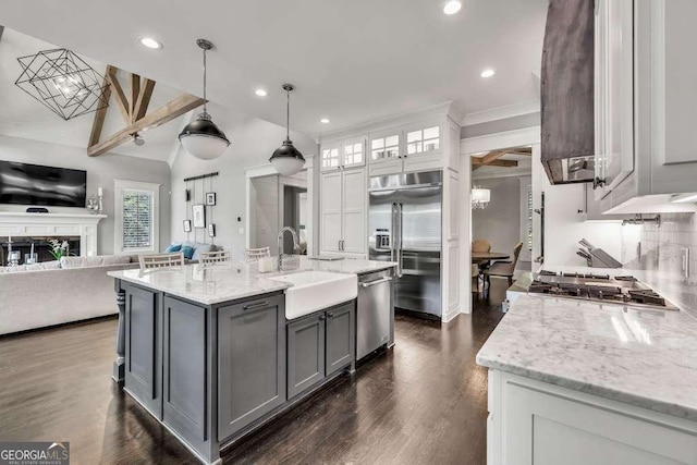 481 Meadow Lake Ter, Hoschton, GA 30548 - kitchen featuring stainless steel appliances, open floor plan, gray cabinets, recessed lighting, and light stone counters