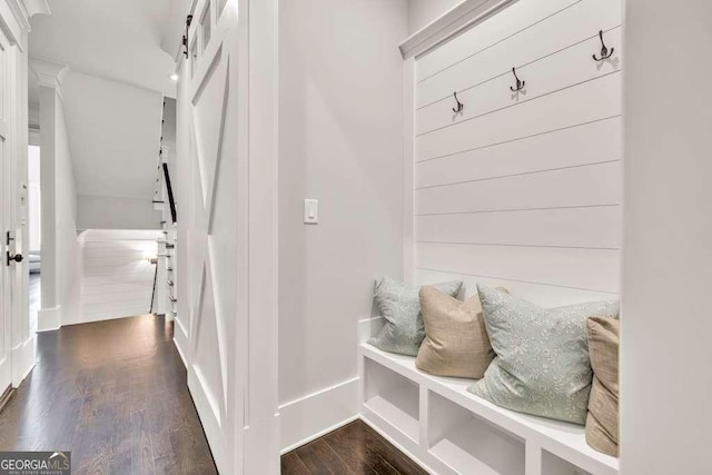 481 Meadow Lake Ter, Hoschton, GA 30548 - mudroom featuring a barn door and dark wood finished floors