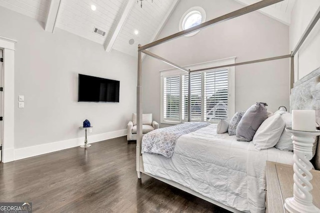 481 Meadow Lake Ter, Hoschton, GA 30548 - bedroom featuring wood finished floors, high vaulted ceiling, and a wooden ceiling with exposed beams