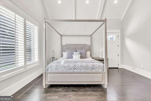 481 Meadow Lake Ter, Hoschton, GA 30548 - bedroom with multiple windows, dark wood-type flooring, ornamental molding, and wood ceiling