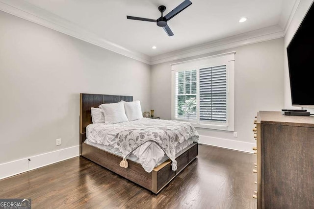 481 Meadow Lake Ter, Hoschton, GA 30548 - bedroom with crown molding, dark wood finished floors, recessed lighting, and a ceiling fan