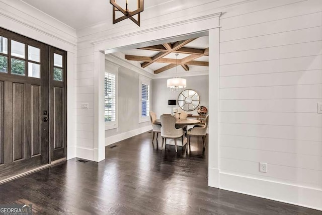 481 Meadow Lake Ter, Hoschton, GA 30548 - foyer featuring a chandelier, healthy amount of natural light, coffered ceiling, dark wood-type flooring, and ornamental molding
