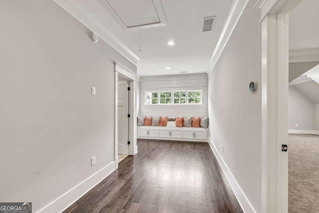 481 Meadow Lake Ter, Hoschton, GA 30548 - hall with attic access, recessed lighting, and dark wood-style flooring