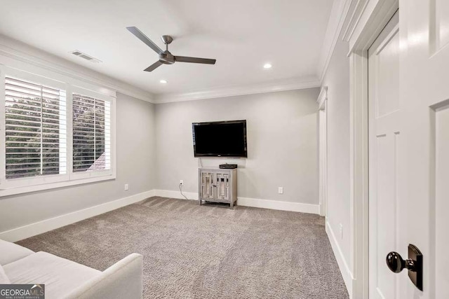481 Meadow Lake Ter, Hoschton, GA 30548 - unfurnished living room with a ceiling fan, crown molding, carpet flooring, and recessed lighting