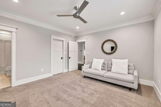 481 Meadow Lake Ter, Hoschton, GA 30548 - living area with ceiling fan, carpet flooring, crown molding, and recessed lighting