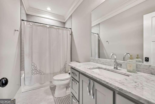 481 Meadow Lake Ter, Hoschton, GA 30548 - full bathroom featuring vanity, shower / bath combination with curtain, ornamental molding, and tile patterned flooring