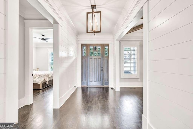 481 Meadow Lake Ter, Hoschton, GA 30548 - entryway featuring plenty of natural light, dark wood finished floors, crown molding, and a ceiling fan