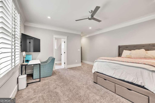 481 Meadow Lake Ter, Hoschton, GA 30548 - bedroom featuring crown molding, carpet floors, recessed lighting, and a ceiling fan
