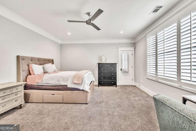 481 Meadow Lake Ter, Hoschton, GA 30548 - bedroom featuring carpet flooring, ornamental molding, ceiling fan, and recessed lighting