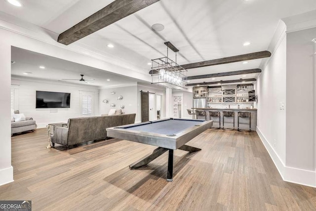 481 Meadow Lake Ter, Hoschton, GA 30548 - rec room featuring a bar, wood finished floors, a barn door, beam ceiling, and billiards table