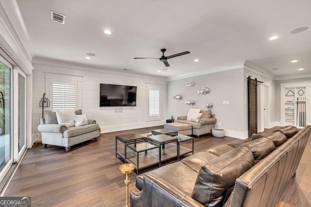 481 Meadow Lake Ter, Hoschton, GA 30548 - living room with ornamental molding, a ceiling fan, dark wood finished floors, recessed lighting, and a barn door