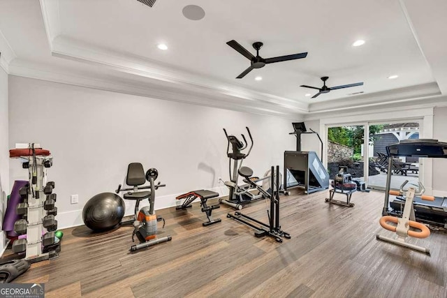481 Meadow Lake Ter, Hoschton, GA 30548 - workout room featuring a raised ceiling, ceiling fan, ornamental molding, wood finished floors, and recessed lighting
