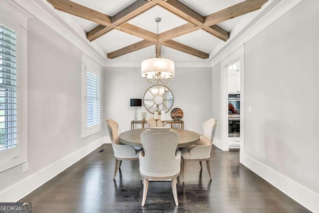 481 Meadow Lake Ter, Hoschton, GA 30548 - dining area featuring coffered ceiling, healthy amount of natural light, beamed ceiling, a chandelier, and dark wood-style floors