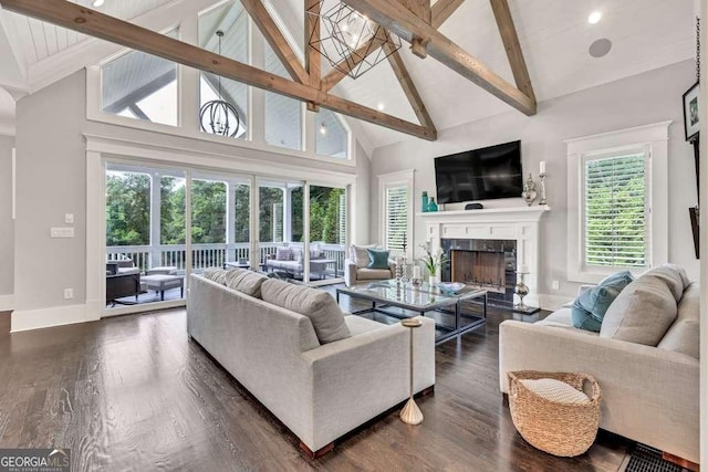 481 Meadow Lake Ter, Hoschton, GA 30548 - living room with beamed ceiling, a fireplace, dark wood-style flooring, high vaulted ceiling, and recessed lighting