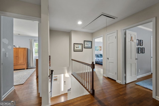 3912 Edenton Ct, Brookhaven, GA 30319 - hallway featuring attic access, an upstairs landing, wood finished floors, and recessed lighting