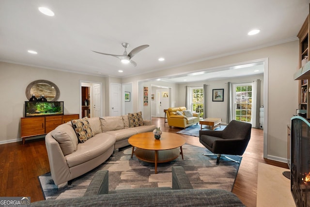 3912 Edenton Ct, Brookhaven, GA 30319 - living room featuring recessed lighting, wood finished floors, crown molding, and ceiling fan