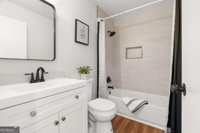 4818 Terrace Green Trce, Stone Mountain, GA 30088 - bathroom with shower / bathtub combination with curtain, wood finished floors, and vanity