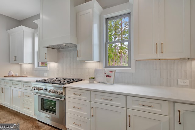 172 Forest Berry Ct Lot 100M2A, Newnan, GA 30265 - kitchen with stainless steel range, custom exhaust hood, white cabinetry, and light countertops
