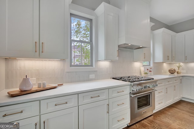 172 Forest Berry Ct Lot 100M2A, Newnan, GA 30265 - kitchen with high end stove, white cabinetry, premium range hood, light countertops, and decorative backsplash