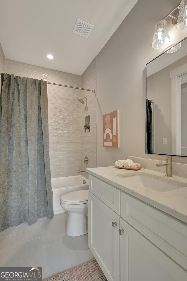 172 Forest Berry Ct Lot 100M2A, Newnan, GA 30265 - bathroom featuring vanity, shower / tub combo, tile patterned floors, and recessed lighting